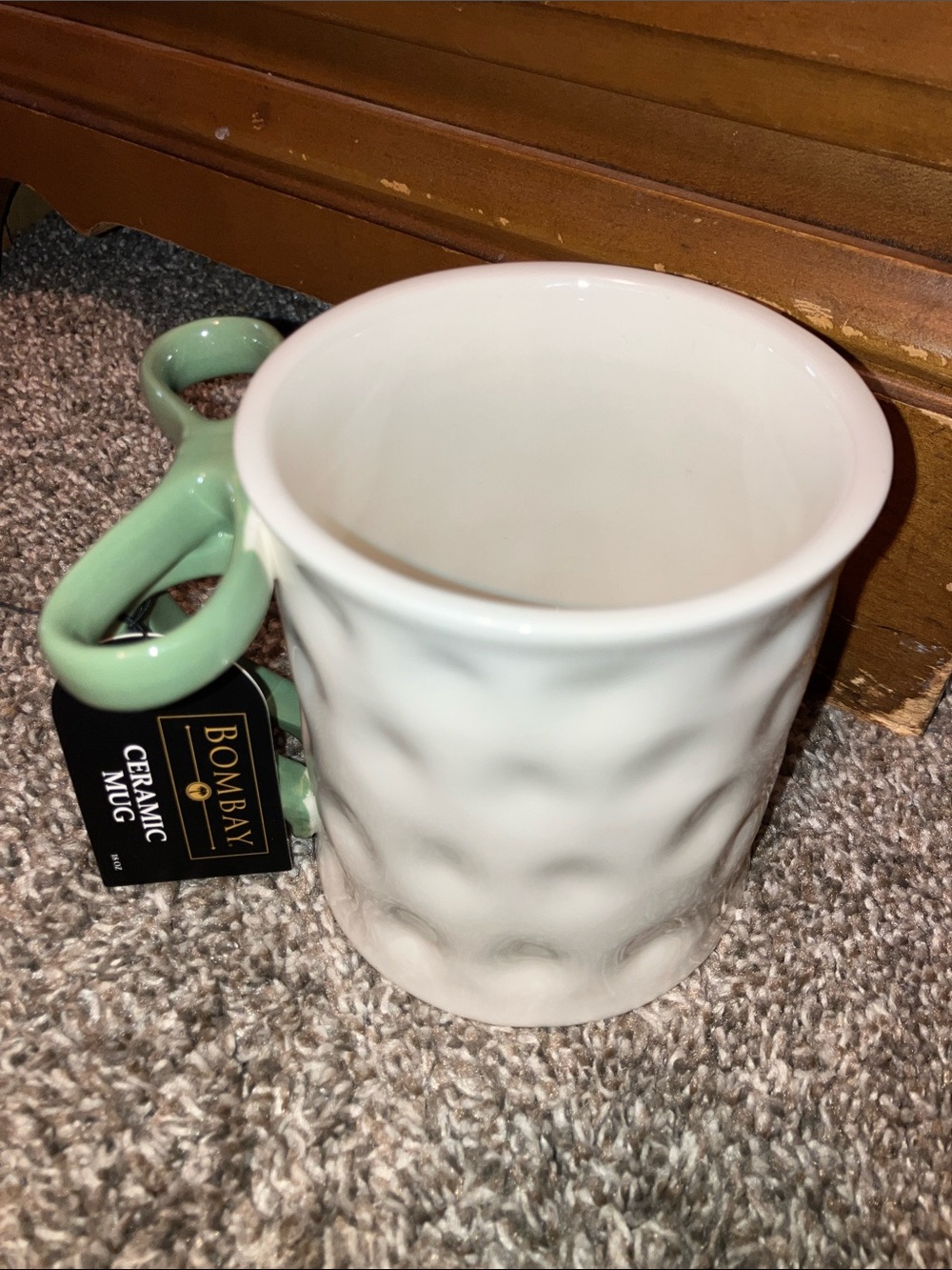 Bombay White Ceramic Mug with Mint Green Bow Accent Handle New